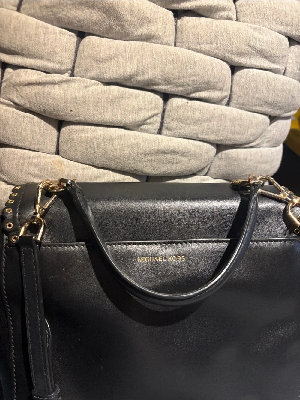 Michael Kors Black Leather Scalloped Stud Satchel with Gold Hardware